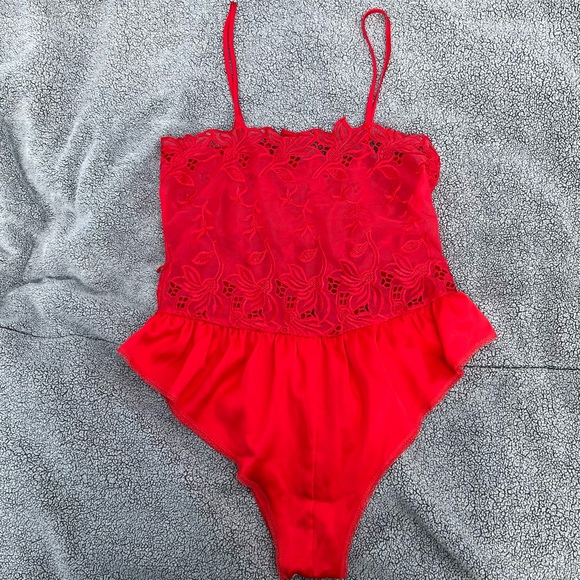 Scarlet Seduction: Red Lace Bodysuit Lingerie